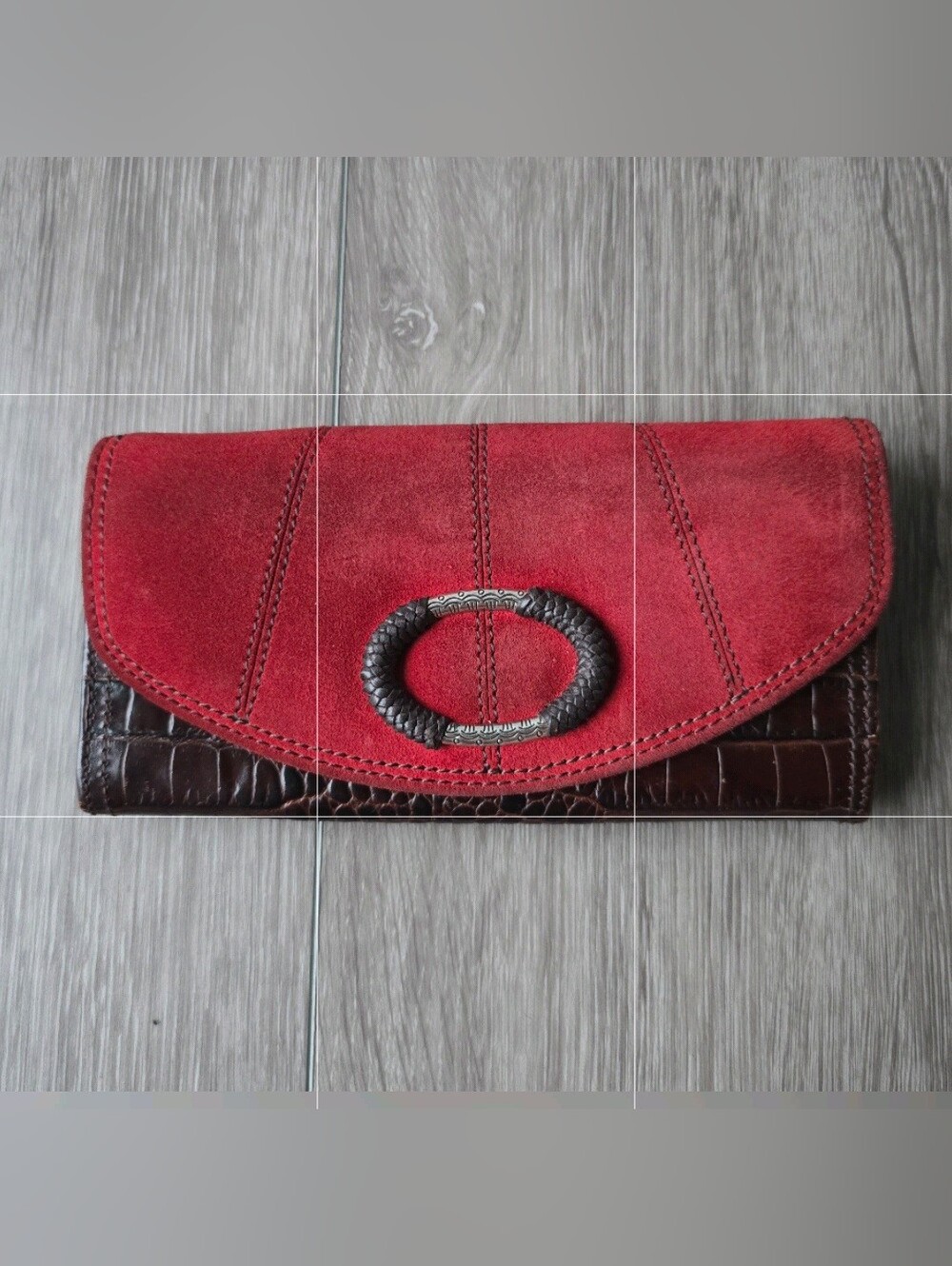 Brighton Savannah Wallet Red Suede Brown Croc Leather Braided Oval Hardware